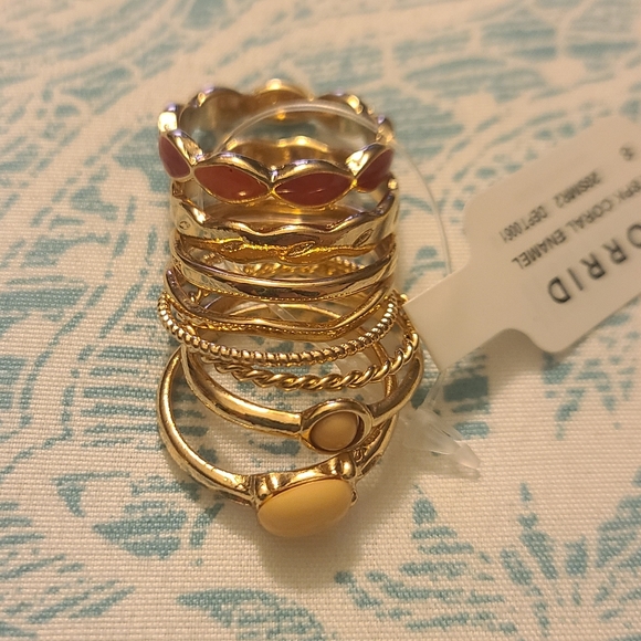NWT GOLD-TONE & CORAL ENAMEL RING SET OF 8 - Picture 5 of 15